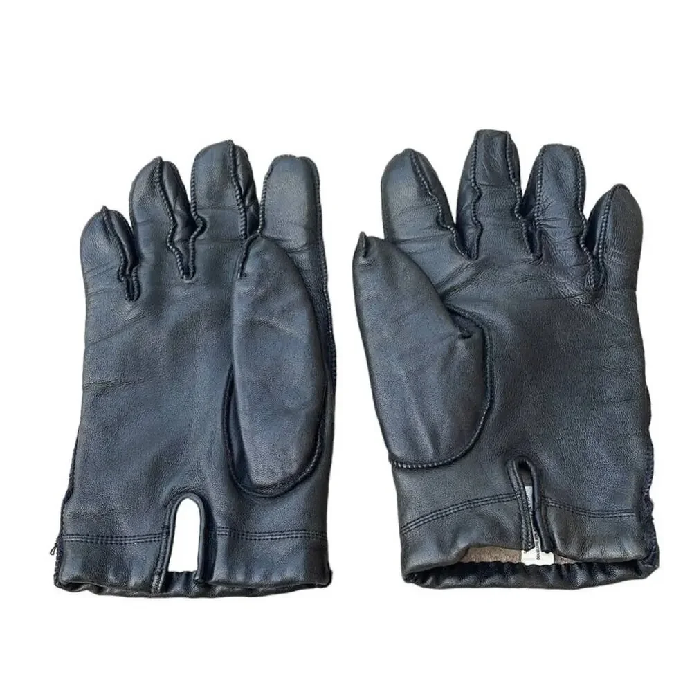 Vintage black leather wide finger sherpa lined gloves size large